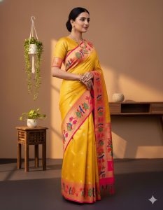 Marigold Floral Paithani Saree – YellowCotton-1