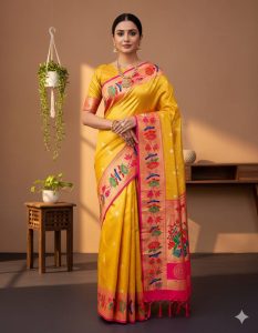 Marigold Floral Paithani Saree - Yellow/Cotton