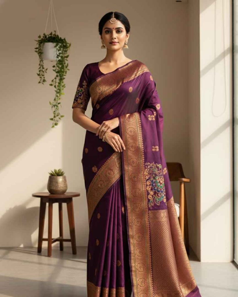 Regal Plum Banarasi Silk Saree – Purple/Silk