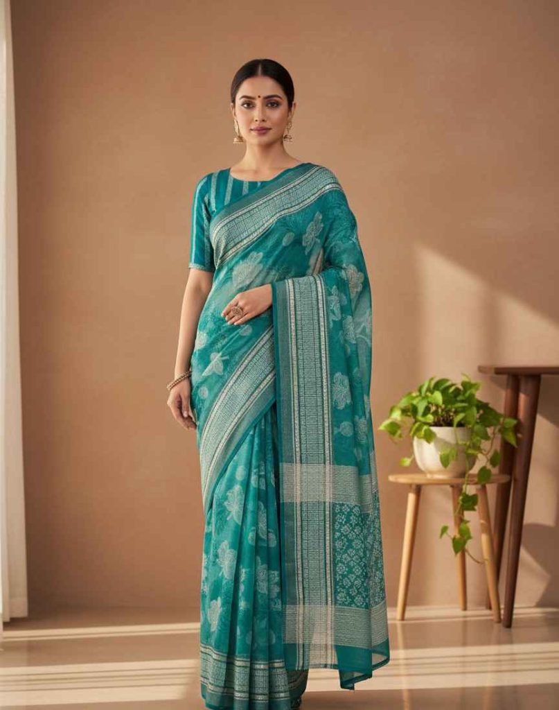 Teal Floral Georgette Saree – Blue/Georgette